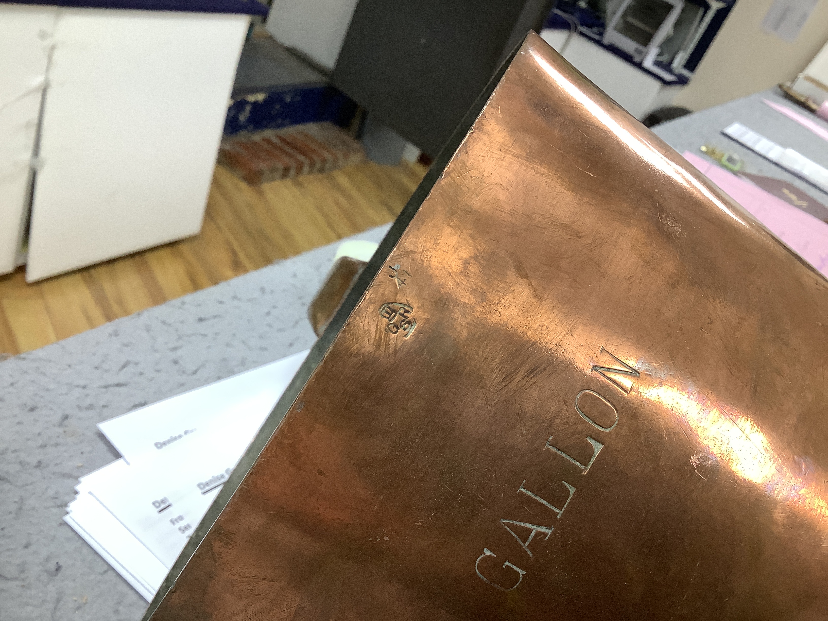 A one gallon Royal Navy rum measure, stamped 1941, handle 18cm high